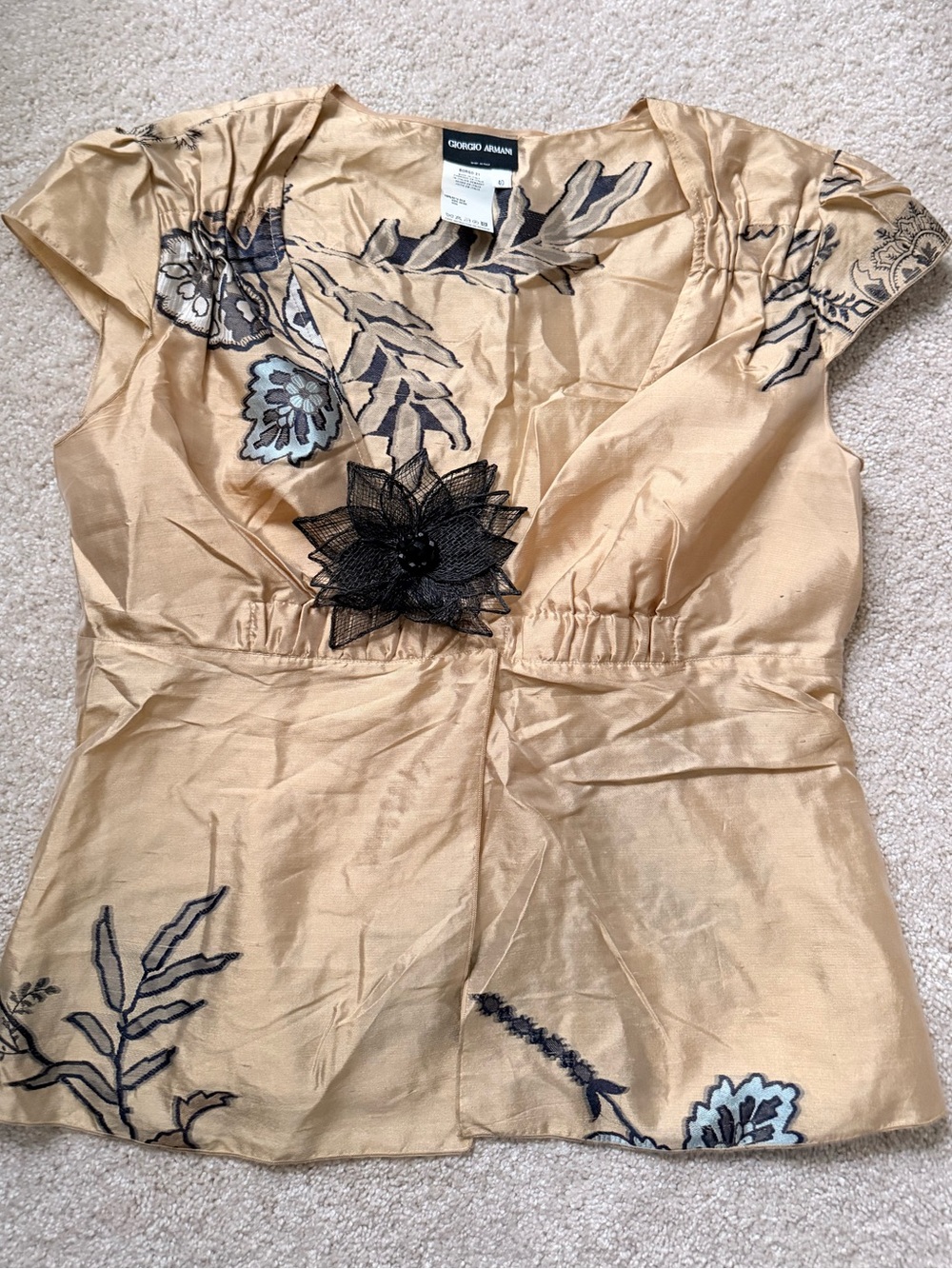 Giorgio Armani Champagne Floral Embroidered Silk Top